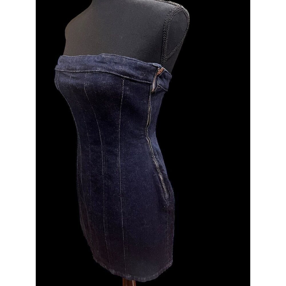 ZARA Strapless Mini Dress Women SM Dark Denim with stretch 90s western country - Picture 4 of 9